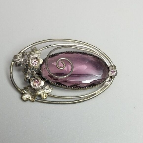 Vintage Sterling Silver Oval Purple Glass Floral Brooch, Retro Lapel Pin, Estate - Picture 2 of 7